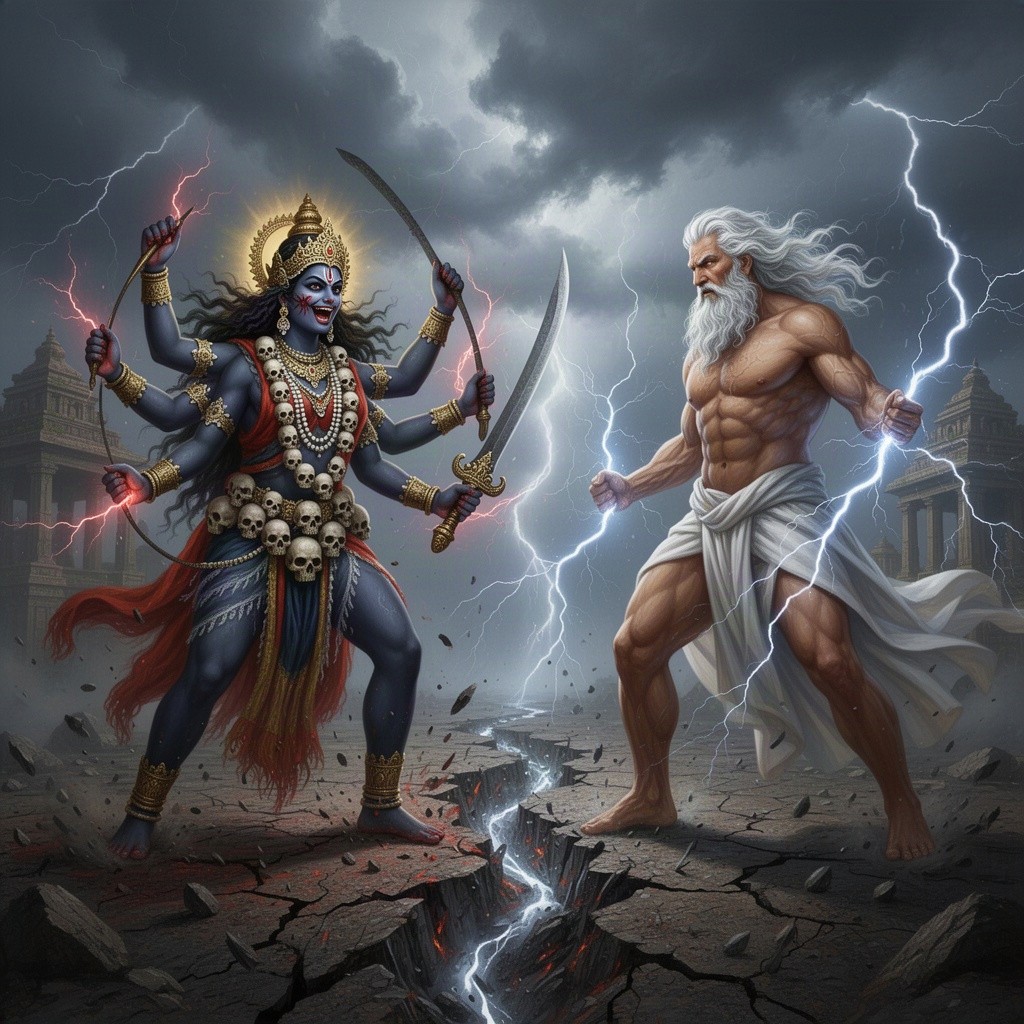 A dramatic and mythical battle scene between Goddess Kali and Zeus