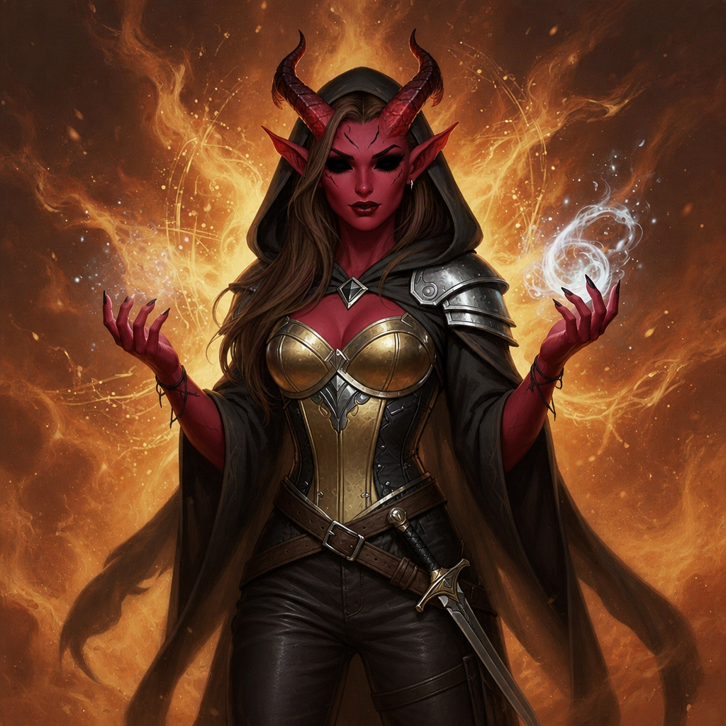 A female tiefling character with medium red skin and prominent red horns growing out of her forehead