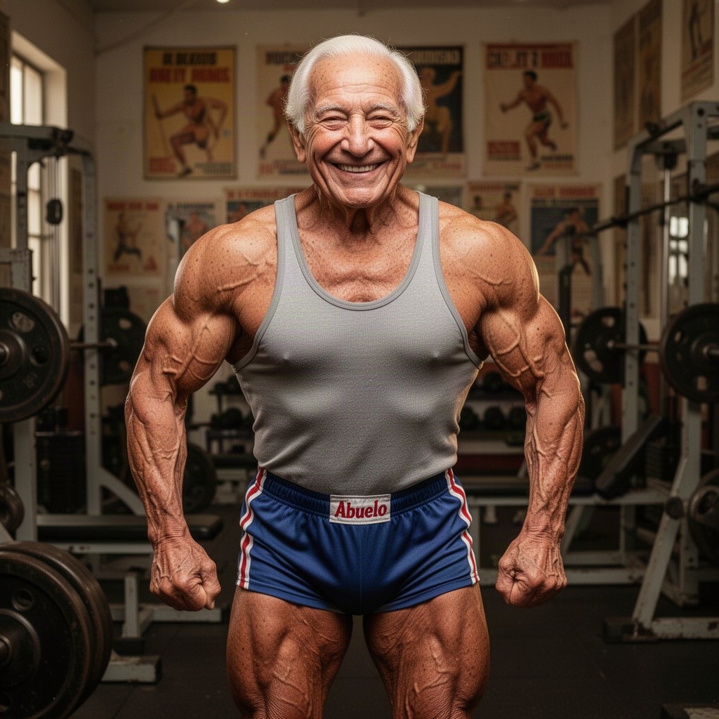 An elderly bodybuilder known as 'Abuelo', showcasing impressive muscle definition and strength, wearing classic bodybuilding shorts and a tank top