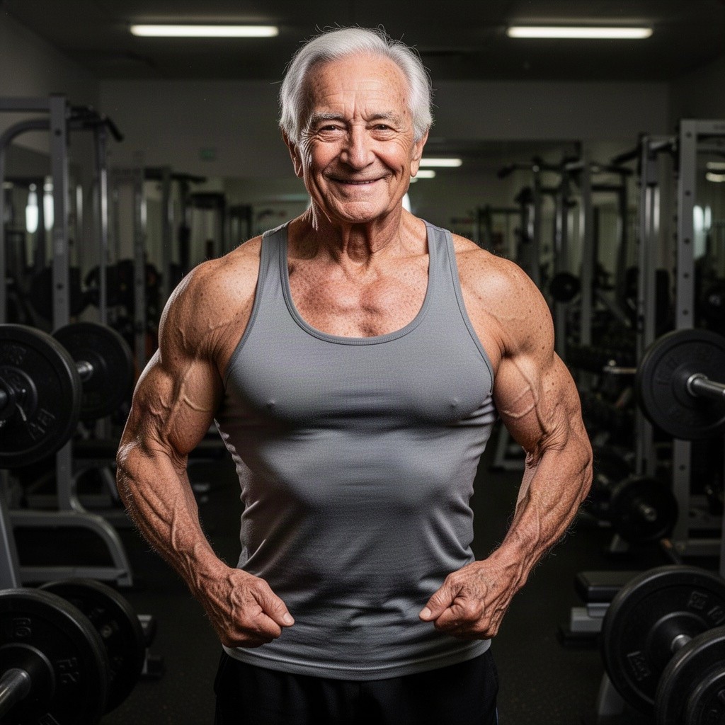 An elderly man, showcasing enormous pectorals like a seasoned bodybuilder