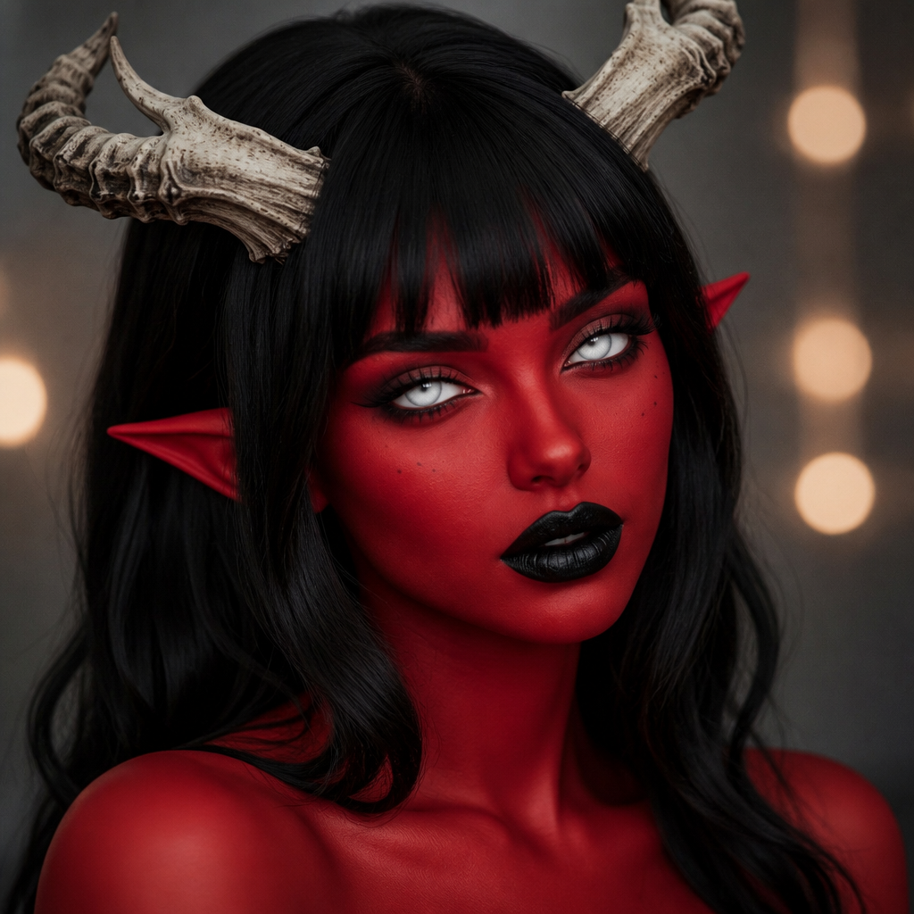 Close up portrait of a beautiful female character with relaxed posture, featuring striking red skin and lighter, smooth horns that have a delicate texture