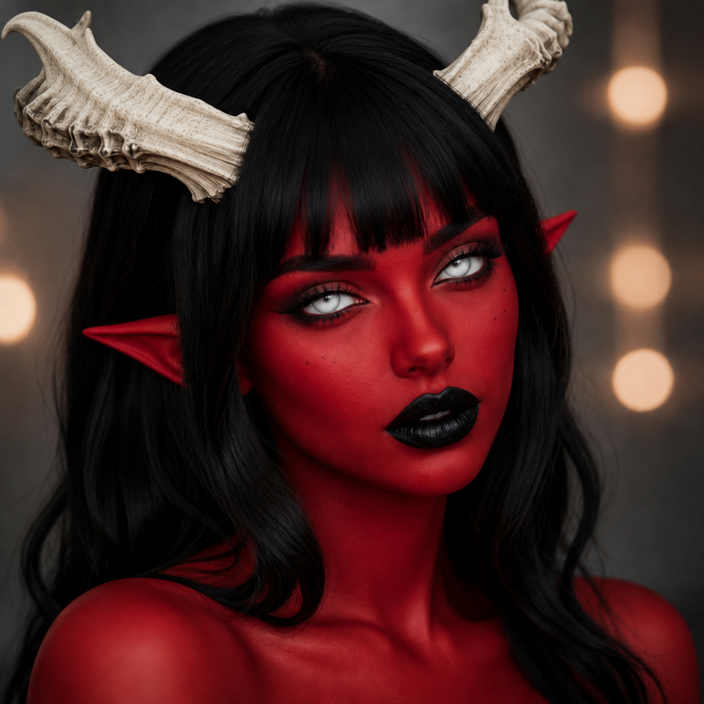 Close up portrait of a beautiful female character with striking red skin and off-white smooth horns elegantly curved from her head