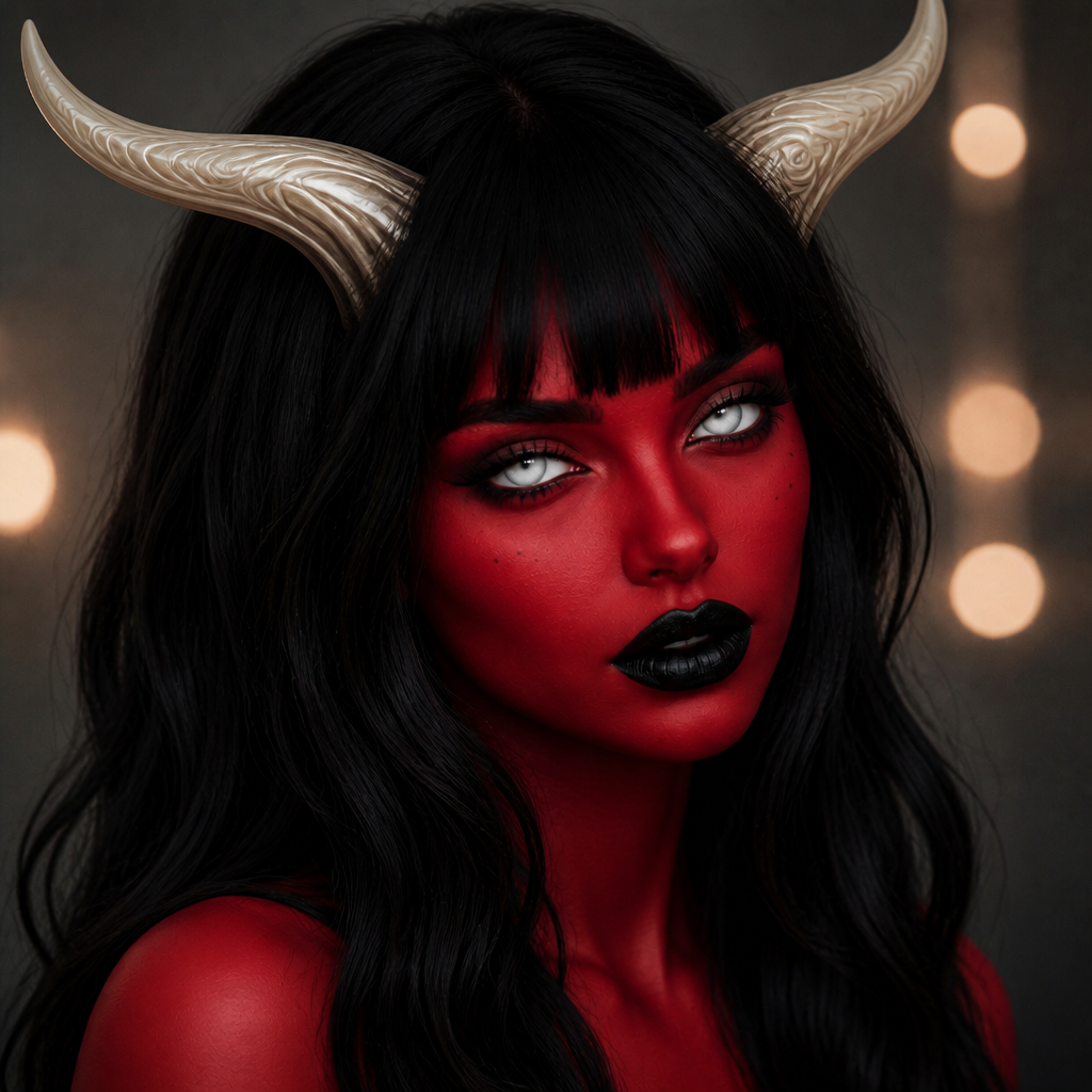 Close up portrait of a beautiful female character with striking red skin and unique, long ivory horns that have a smooth texture, elegantly positioned atop her head