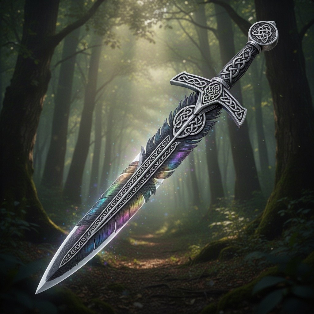 A beautifully crafted Celtic sword designed to resemble a raven feather, showcasing intricately detailed engravings along the blade that mimic the texture and patterns of a feather