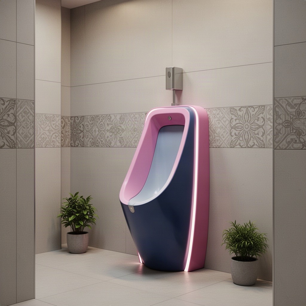 A modern design of a women's urinal featuring sleek lines and vibrant colors, installed in a clean and stylish public restroom