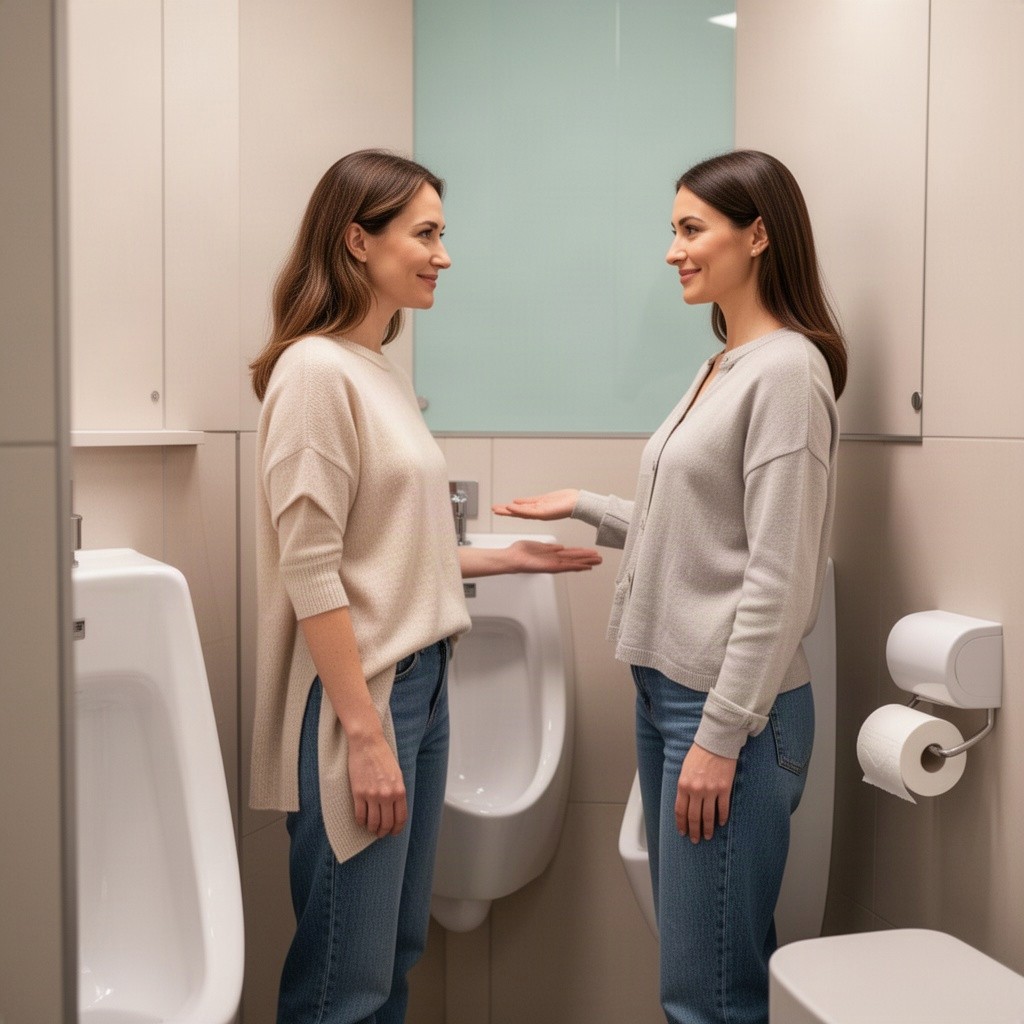 A woman facing a women's urinal, demonstrating its use in a contemporary restroom setting