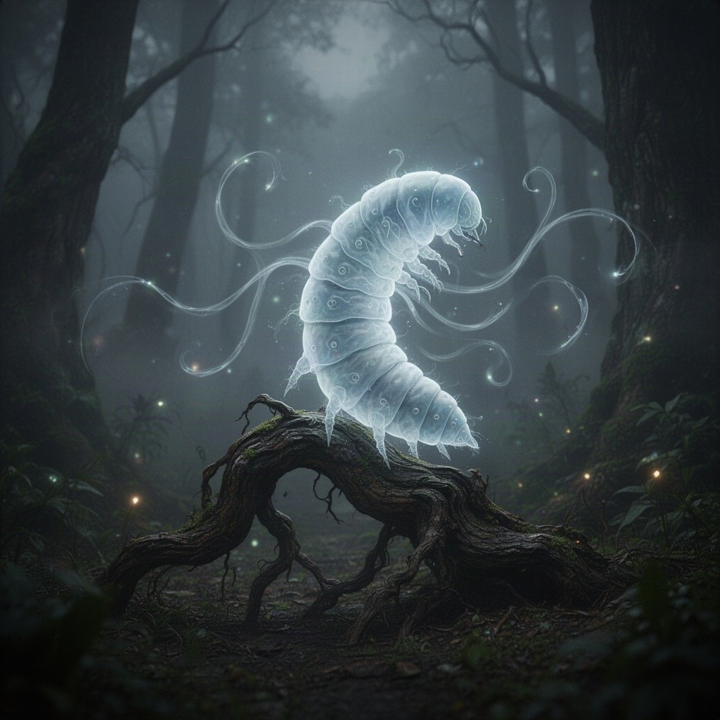 A surreal and eerie representation of a ghostly morph larva, showcasing a translucent, ethereal body with an otherworldly glow