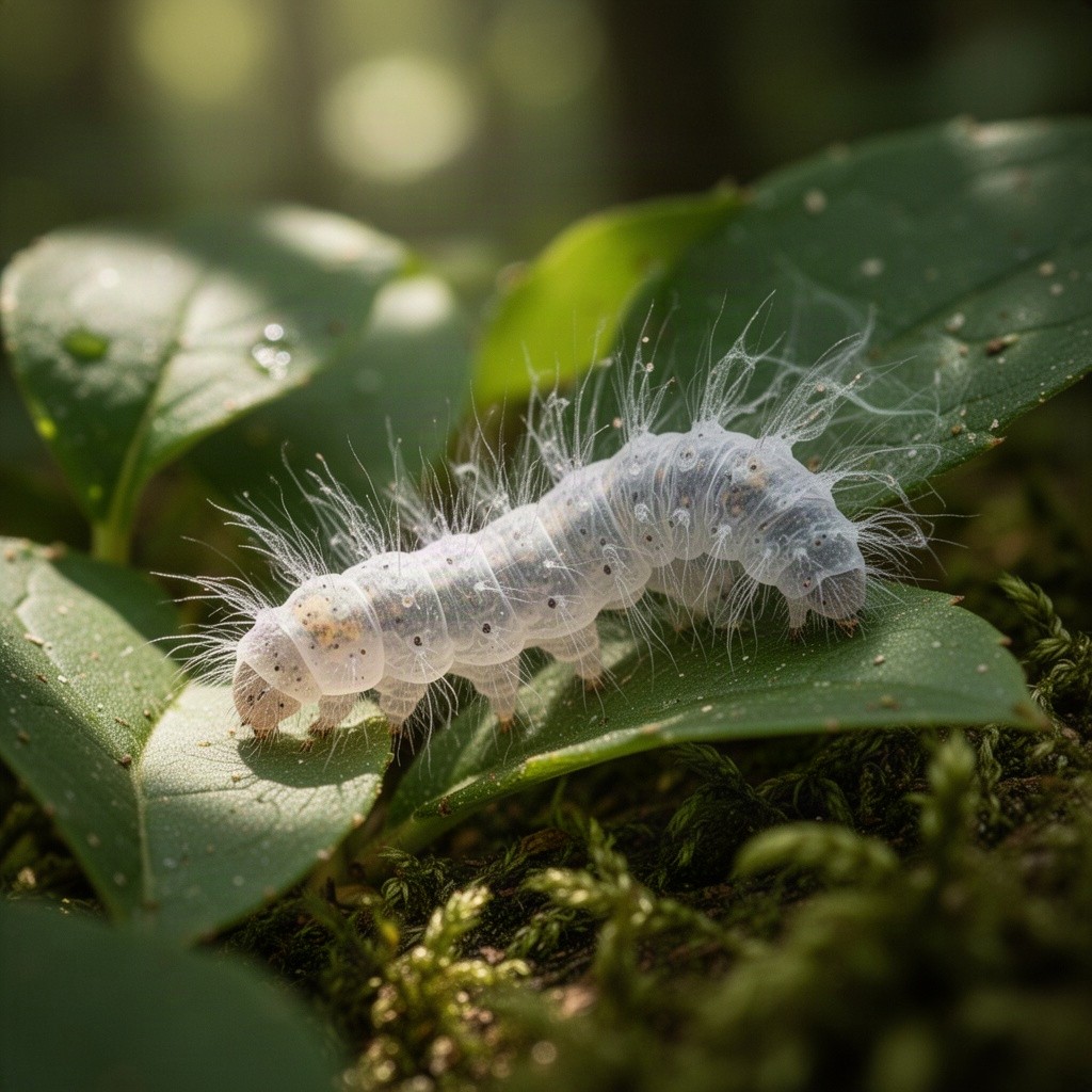 A close-up of ghost moth larvae, showcasing their unique, ghostly appearance with pale, semi-translucent bodies and fine hair-like structures