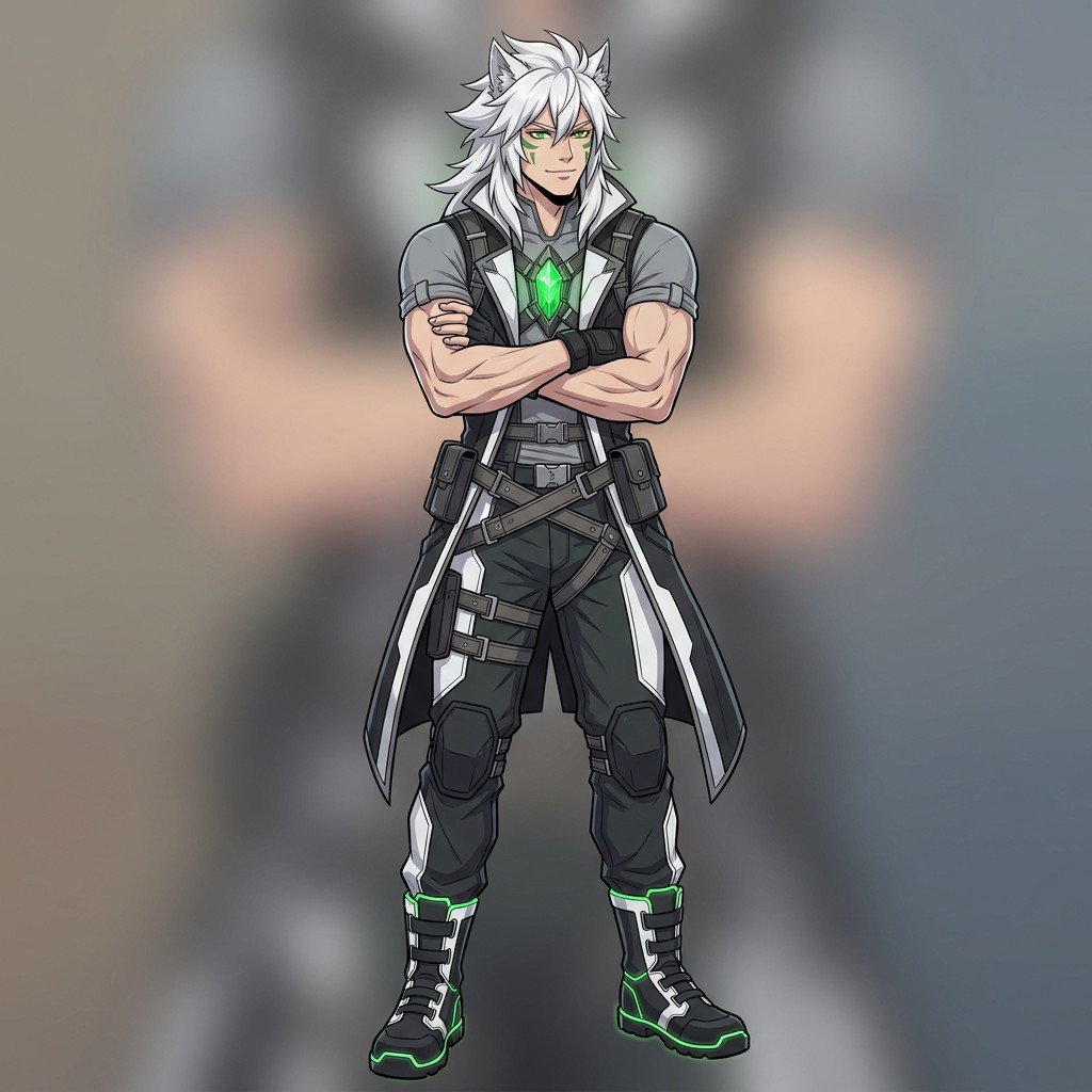 A male 2D animated original character with sharp wolf-like features, striking white hair, and bright green eyes