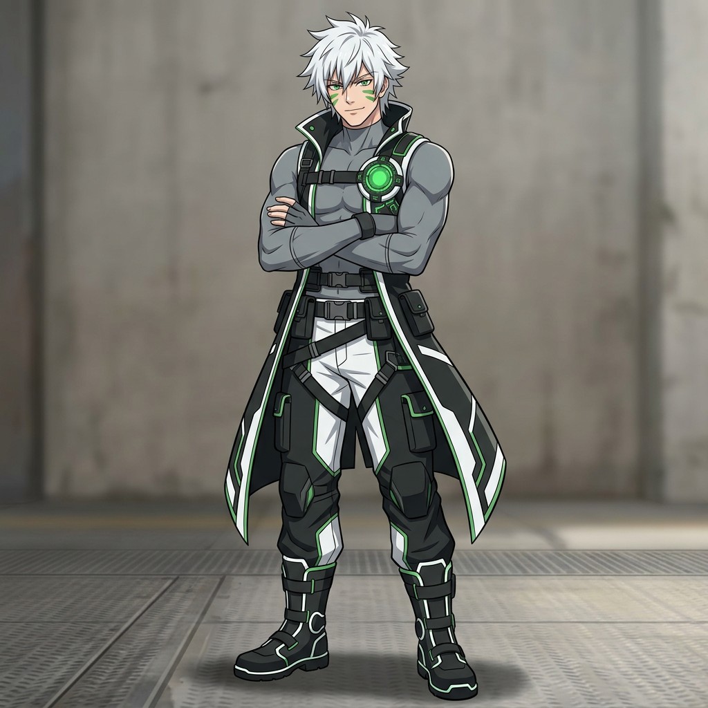 A male 2D animated original character with a sharp wolf-cut white hairstyle (without ears), featuring bright green eyes and two green markings under each eye