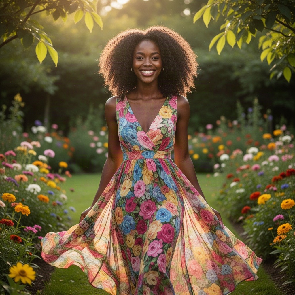 A portrait of a beautiful black woman with radiant skin and natural curly hair, smiling brightly