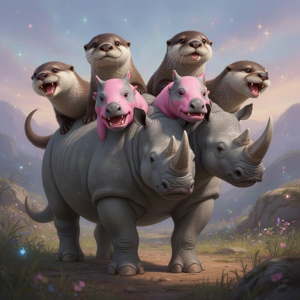 An imaginative chimera creature that combines the strong, sturdy legs and feet of a gray rhino, seamlessly integrated into its design