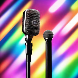 A detailed, pristine microphone set against a luminous, shimmering background, reflecting light in a striking array of colors.