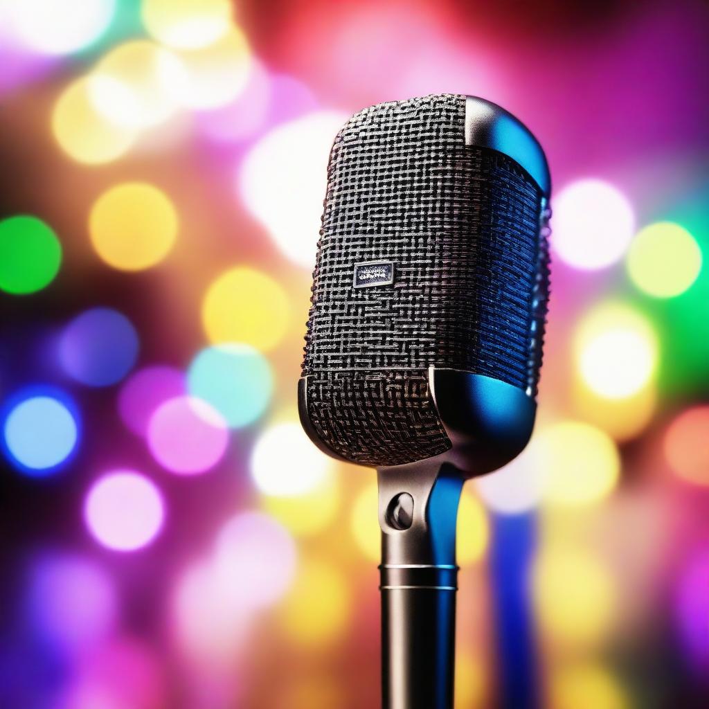 A detailed, pristine microphone set against a luminous, shimmering background, reflecting light in a striking array of colors.