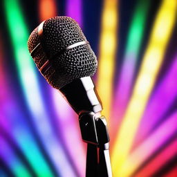 A detailed, pristine microphone set against a luminous, shimmering background, reflecting light in a striking array of colors.