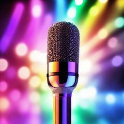 A detailed, pristine microphone set against a luminous, shimmering background, reflecting light in a striking array of colors.