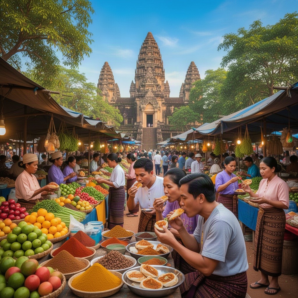 A vibrant and bustling scene of a traditional Khmer market, showcasing colorful stalls filled with fresh fruits, vegetables, and spices