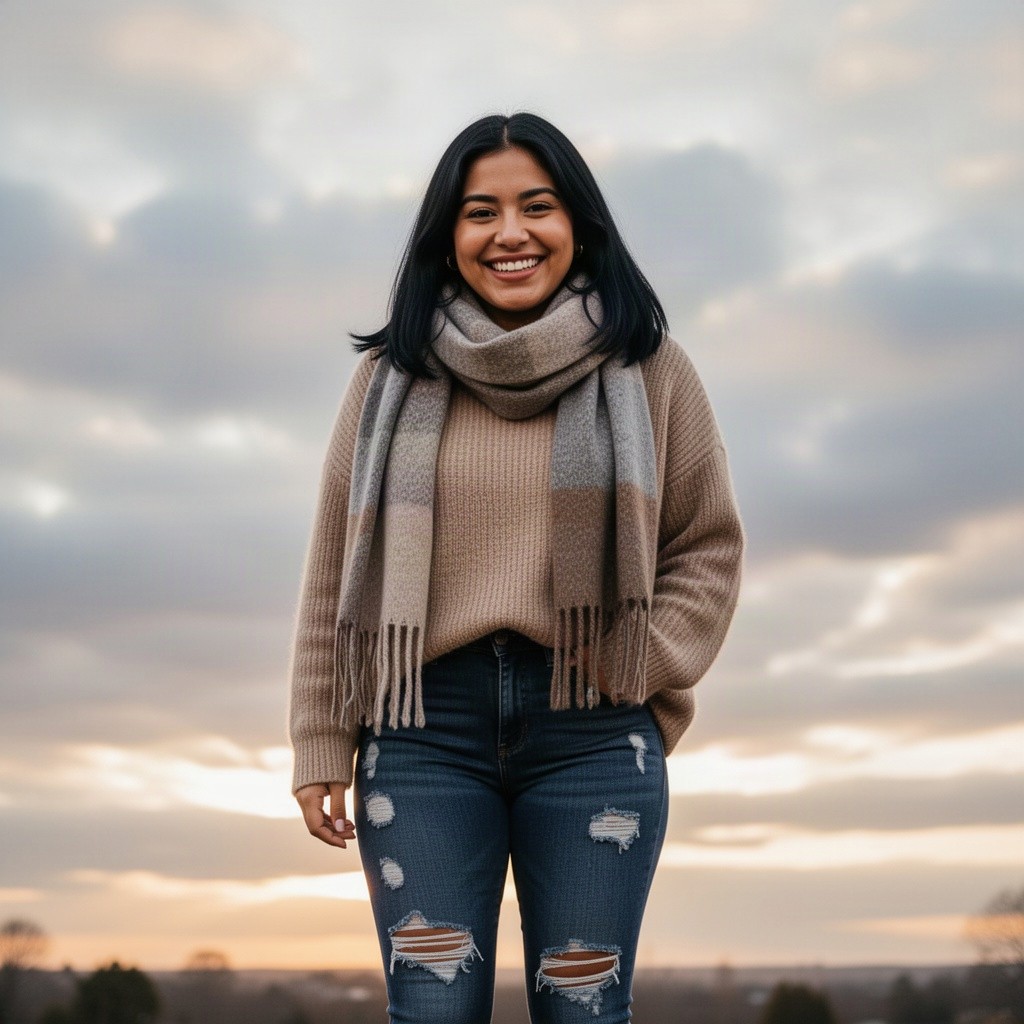 A charming scene featuring a cute sweetheart Latina woman with hip-length black hair, adorably smiling at the viewer