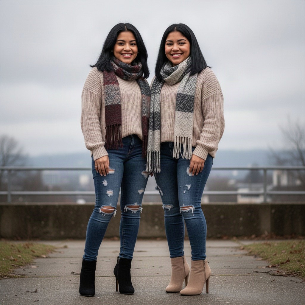An endearing scene featuring two cute sweetheart Latina women, both with hip-length black hair, adorably smiling at the viewer