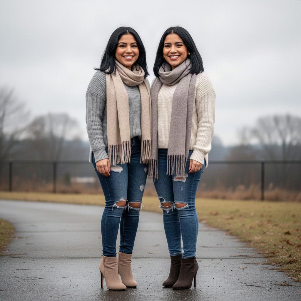 A delightful scene featuring two cute sweetheart Latina women, both with hip-length black hair, adorably smiling at the viewer