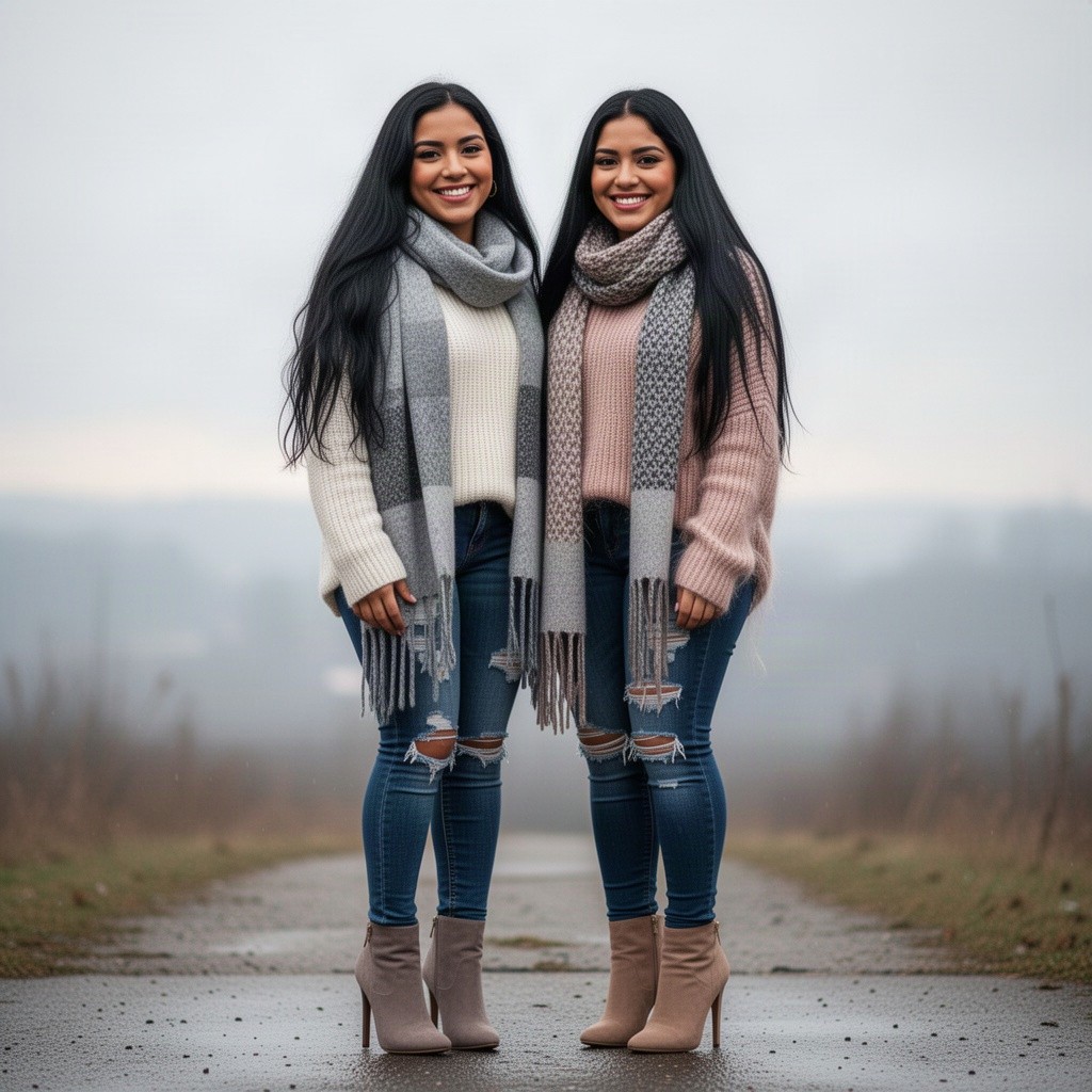 A delightful scene featuring two cute sweetheart Latina women, both showcasing super long black hair and adorably smiling at the viewer