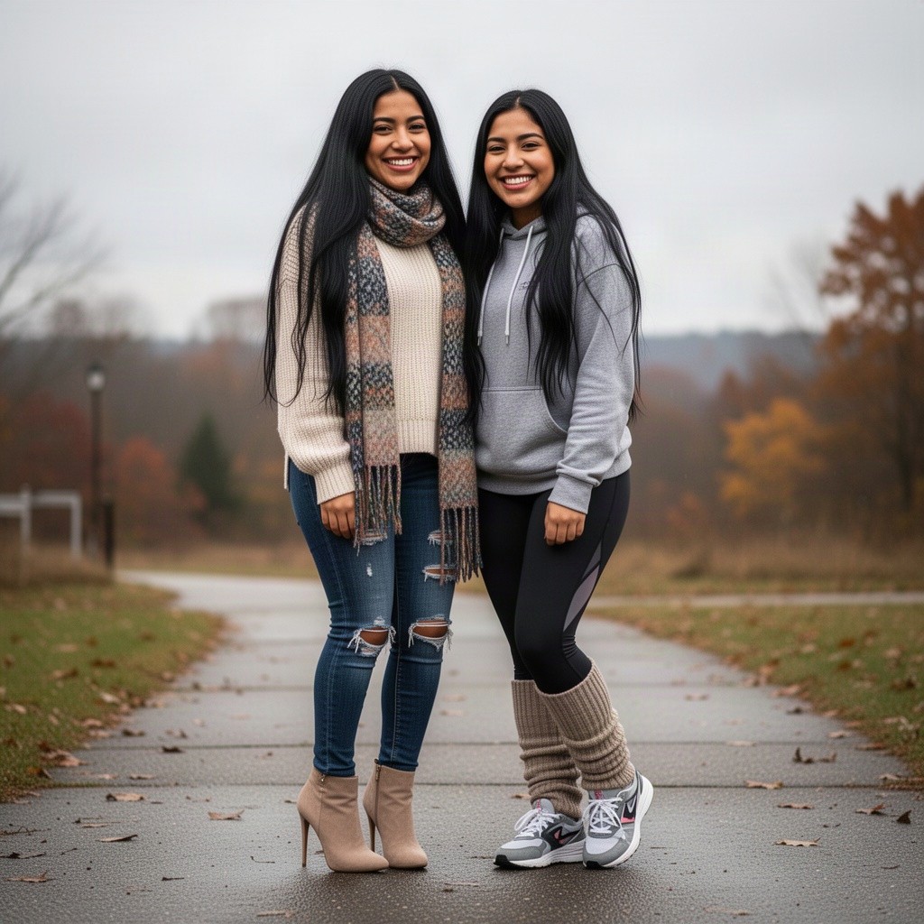 Two cute sweetheart Latina women with super long black hair, adorably smiling at the viewer