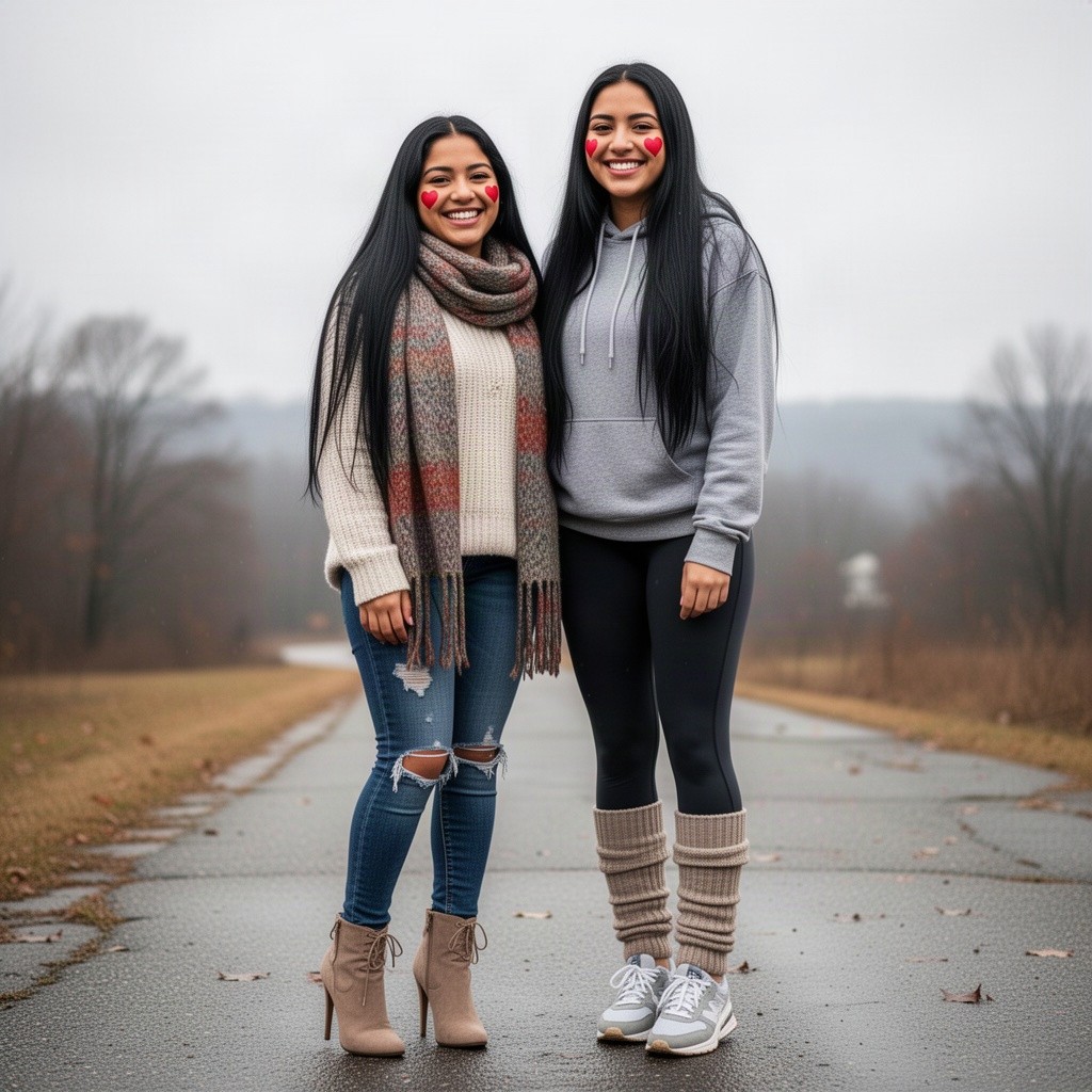 Two cute sweetheart Latina women with super long black hair, both adorably smiling at the viewer
