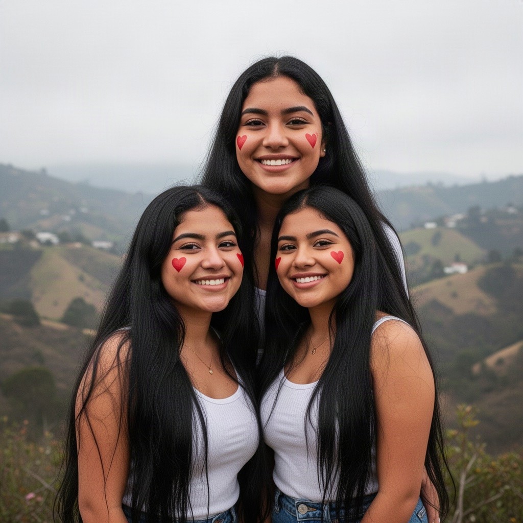 A delightful scene featuring two cute sweetheart Latina women with super long black hair, both adorably smiling at the viewer