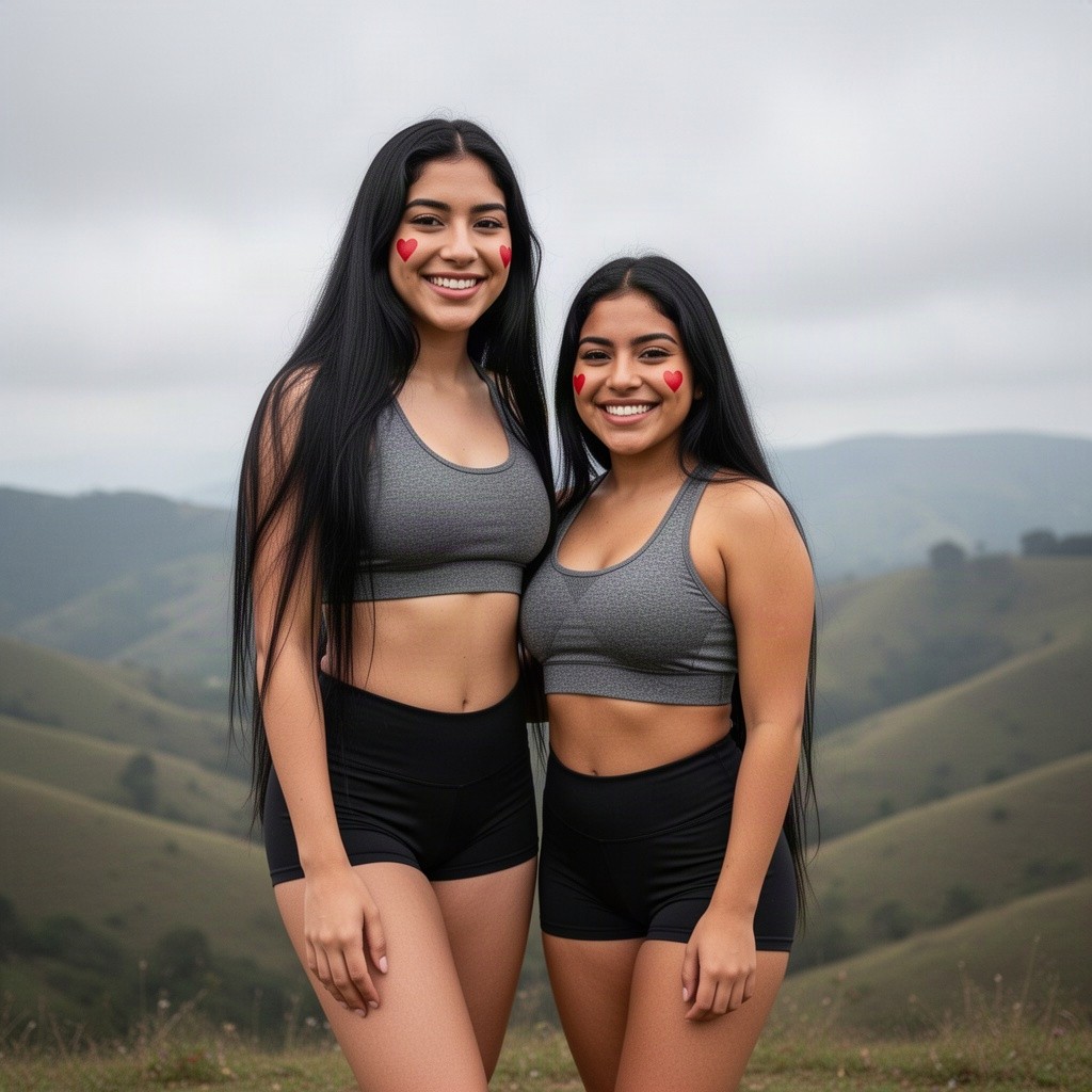 A delightful scene showcasing two cute sweetheart Latina women with super long black hair, adorably smiling at the viewer on an overcast, cloudy day