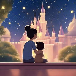 A heartwarming animation of a boy patiently waiting for his girlfriend in front of the magical Disneyland castle, under a sky full of twinkling stars.