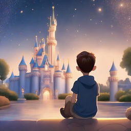 A heartwarming animation of a boy patiently waiting for his girlfriend in front of the magical Disneyland castle, under a sky full of twinkling stars.