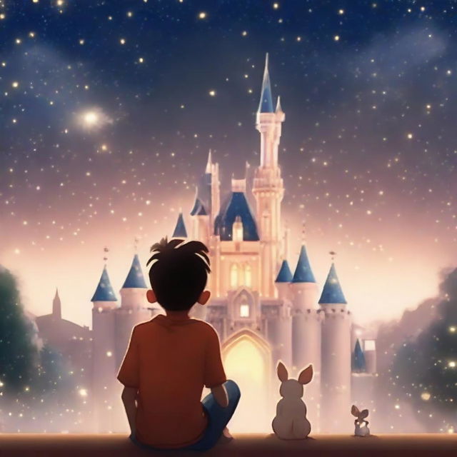 A heartwarming animation of a boy patiently waiting for his girlfriend in front of the magical Disneyland castle, under a sky full of twinkling stars.