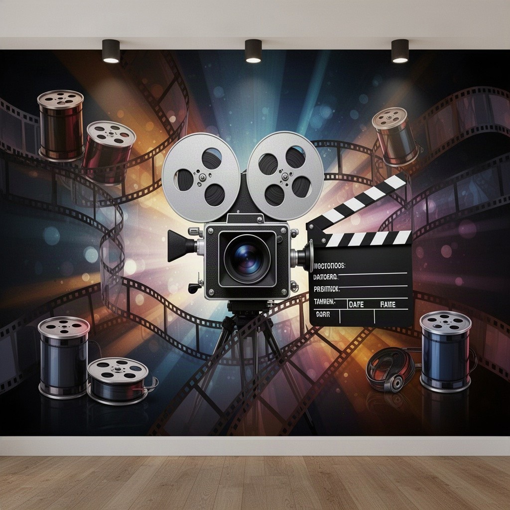 A vibrant 2D wall mural design featuring a modern film theme