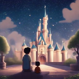 A heartwarming animation of a boy patiently waiting for his girlfriend in front of the magical Disneyland castle, under a sky full of twinkling stars.