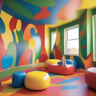 The artist created a fanciful and whimsical design for the children's playroom, with vibrant colors and imaginative shapes.