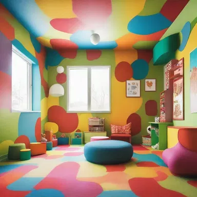 The artist created a fanciful and whimsical design for the children's playroom, with vibrant colors and imaginative shapes.