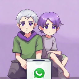 A 3-year-old half-elf boy with silver short hair, captivating purple eyes, and a similarly featured girl standing beside him, both exhibiting cold, shining eyes. They're sitting on a box with the WhatsApp logo, against a background wall filled with stylish, faded WhatsApp logos.