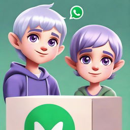 A 3-year-old half-elf boy with silver short hair, captivating purple eyes, and a similarly featured girl standing beside him, both exhibiting cold, shining eyes. They're sitting on a box with the WhatsApp logo, against a background wall filled with stylish, faded WhatsApp logos.