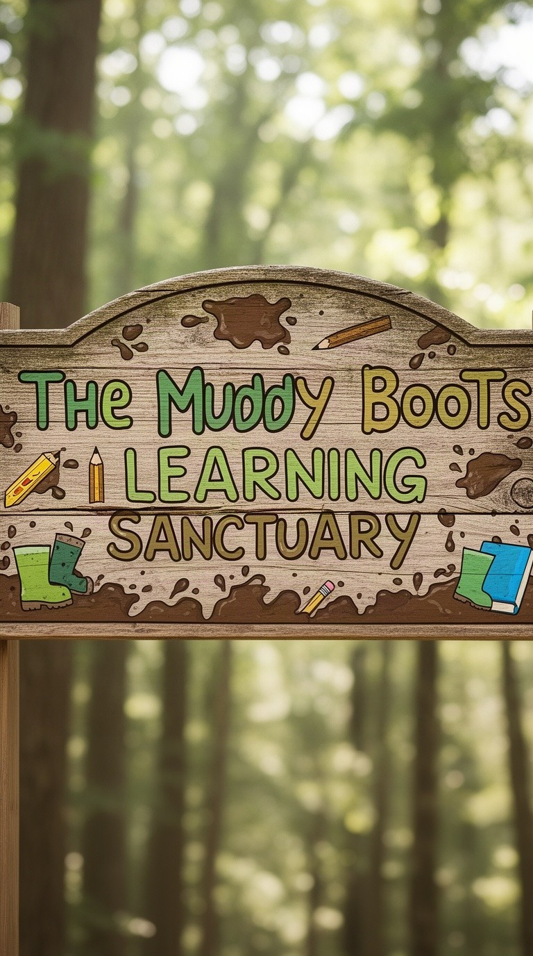 A rustic wooden frontier sign design for a special needs school named 'The Muddy Boots Learning Sanctuary'