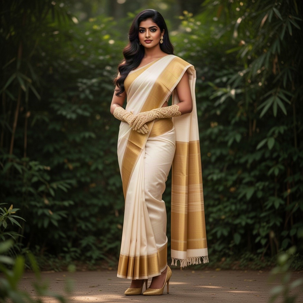 A beautiful Malalayaler woman elegantly dressed in a traditional kasavu saree, showcasing its rich golden border