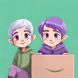 A 3-year-old half-elf boy with silver short hair, captivating purple eyes, and a similarly featured girl standing beside him, both exhibiting cold, shining eyes. They're sitting on a box with the WhatsApp logo, against a background wall filled with stylish, faded WhatsApp logos.