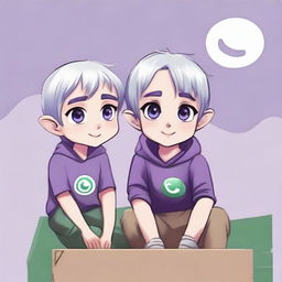 A 3-year-old half-elf boy with silver short hair, captivating purple eyes, and a similarly featured girl standing beside him, both exhibiting cold, shining eyes. They're sitting on a box with the WhatsApp logo, against a background wall filled with stylish, faded WhatsApp logos.