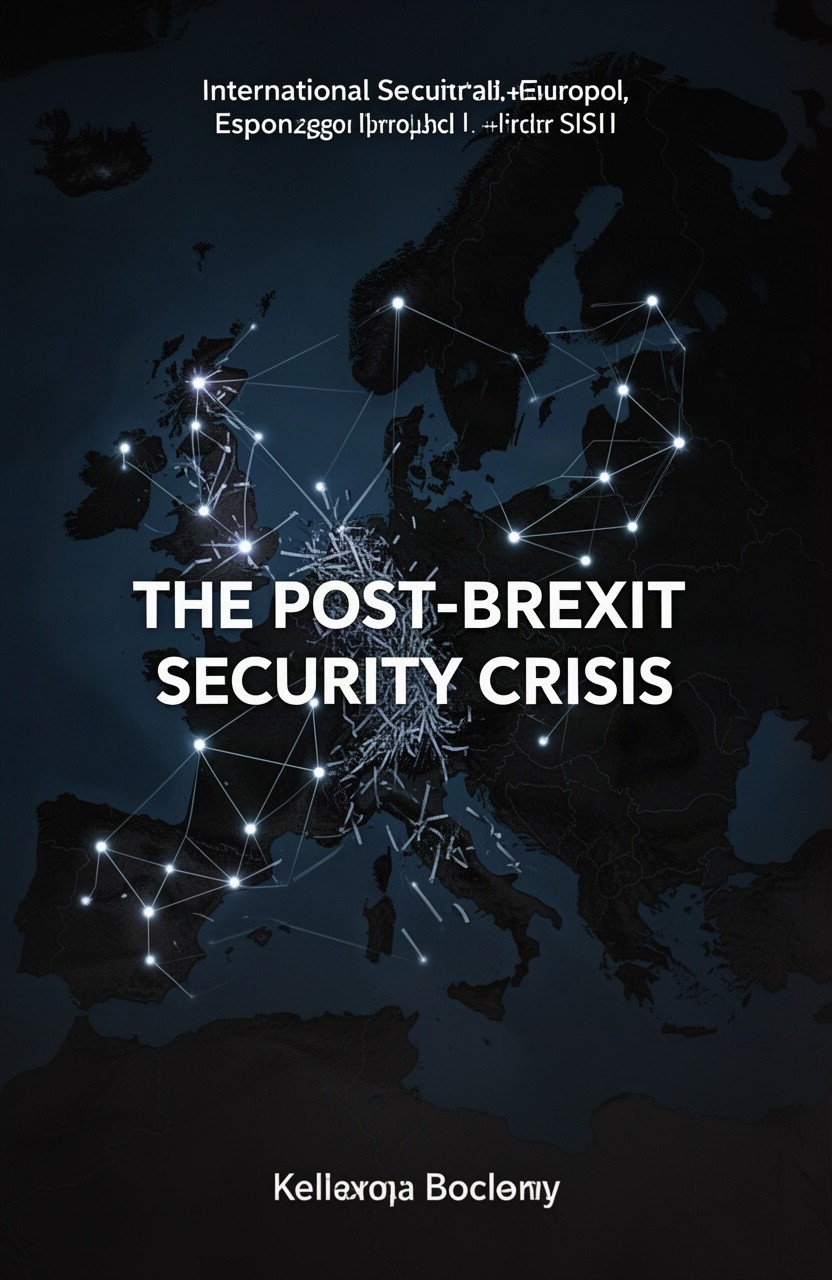 A dark, minimalist book cover design for a serious book titled 'The Post-Brexit Security Crisis', focusing on international security, espionage, and terrorism
