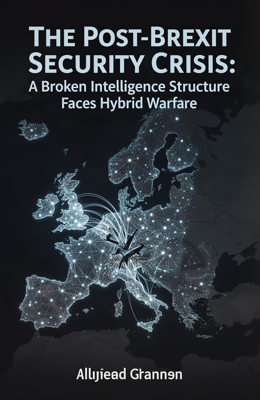 A visually striking book cover for the title 'The Post-Brexit Security Crisis: A Broken Intelligence Structure Faces Hybrid Warfare'