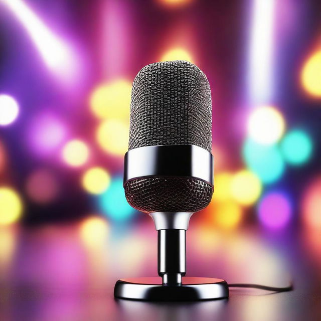 A 3D, highly detailed rendering of a microphone set against a vibrant, glinting background with intense shine and brilliant lighting.