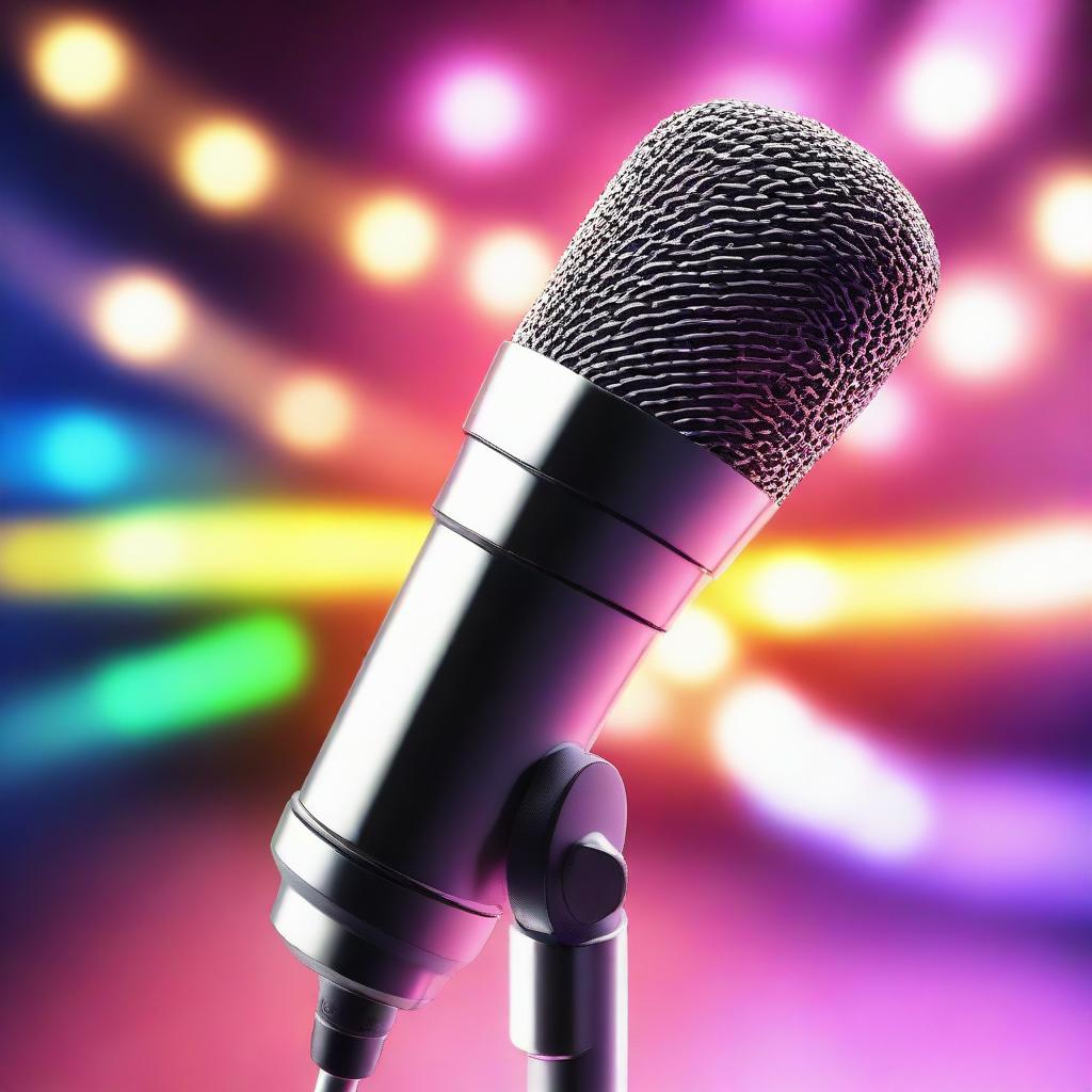 A 3D, highly detailed rendering of a microphone set against a vibrant, glinting background with intense shine and brilliant lighting.