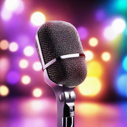 A 3D, highly detailed rendering of a microphone set against a vibrant, glinting background with intense shine and brilliant lighting.