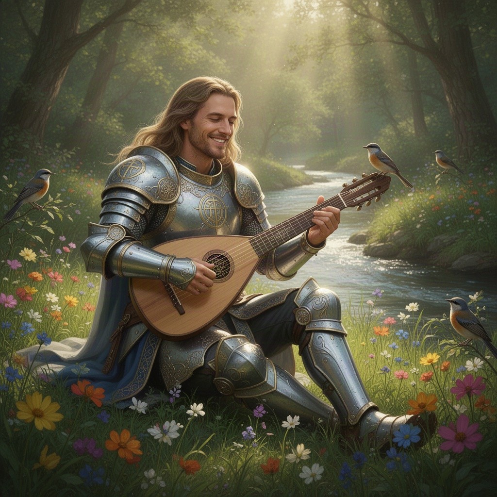 A male human paladin, dressed in ornate silver and gold armor, sits serenely in a sunlit glade, playing a beautifully crafted lute