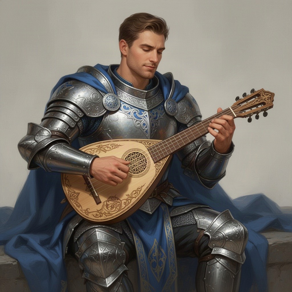A male human paladin with a strong, heroic physique, wearing shining armor adorned with intricate designs and a flowing blue cape