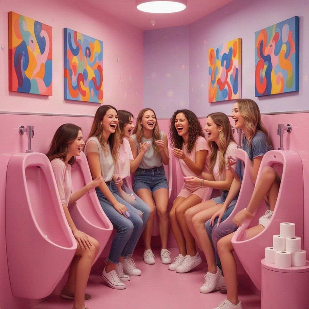 A vibrant and whimsical scene featuring modern pink women's urinals in a brightly colored, playful restroom environment